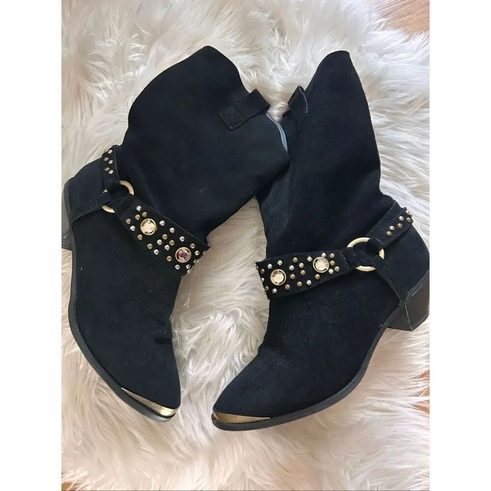 Diane Gilman bling Cowboy Western black boots & steel toe Vintage Suede Sz 8.5M